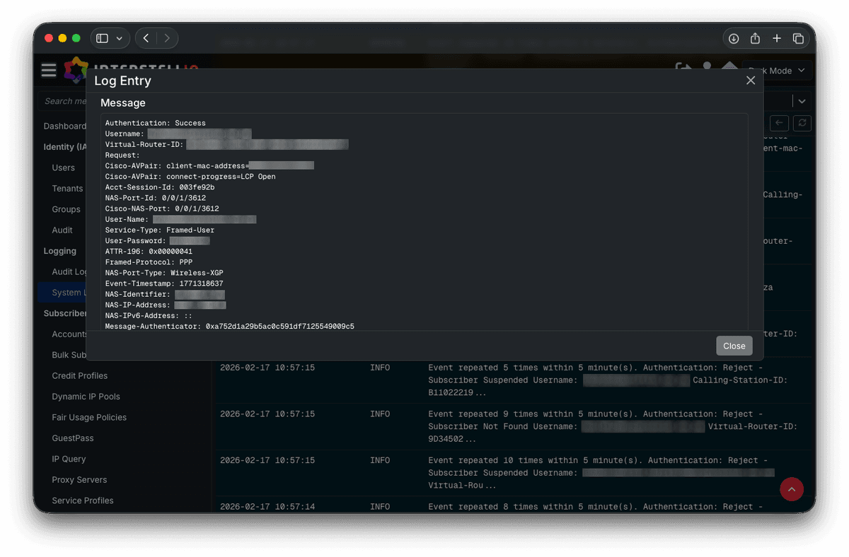 Full-Text Searchable RADIUS Logs